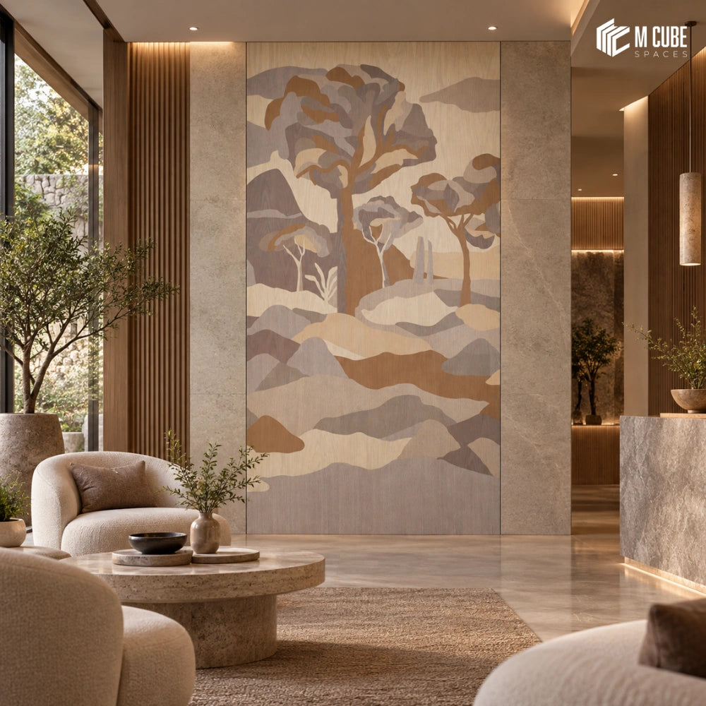 Abstract forest marquetry veneer statement wall for contemporary hotel lobby - Commercial interior inspiration