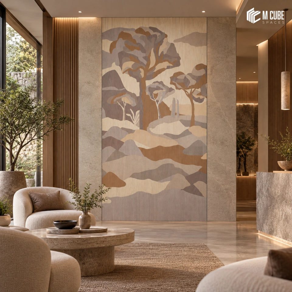 Abstract Forest Marquetry Veneer Statement Wall for Contemporary Hotel Lobby - Commercial inspiration