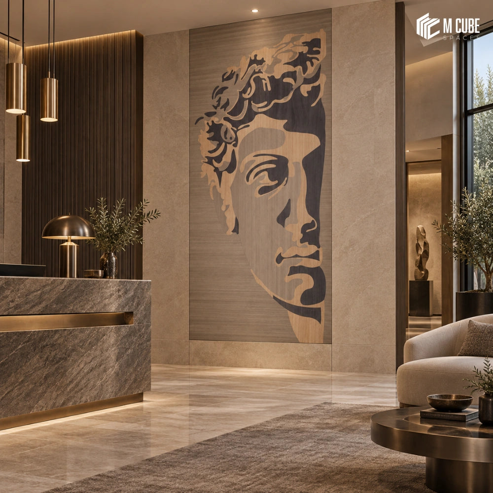 Classical sculpture marquetry veneer statement wall for contemporary hotel reception - Commercial interior inspiration