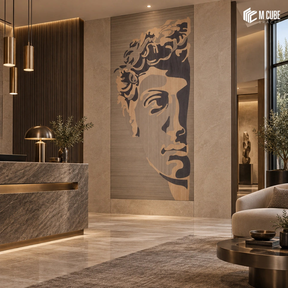 Classical Sculpture Marquetry Veneer Statement Wall for Contemporary Hotel Reception - Commercial inspiration