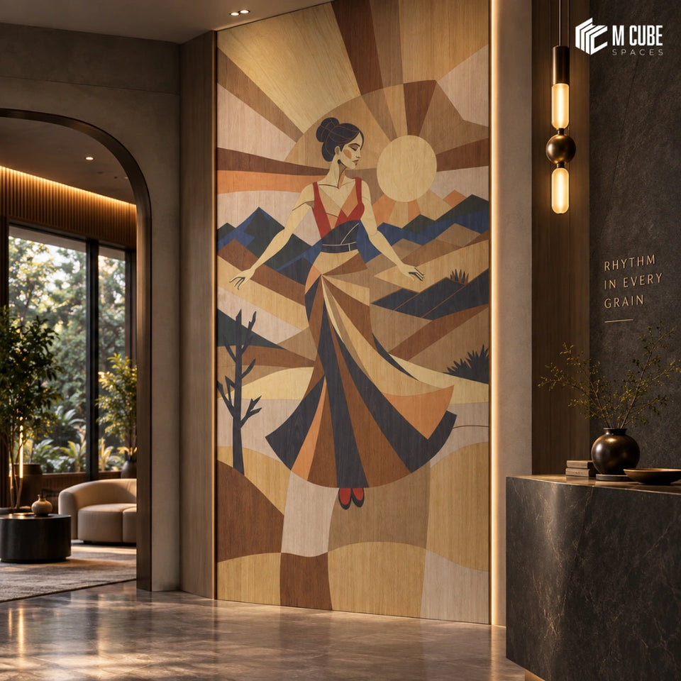 Art Deco Dancer Marquetry Veneer Feature Wall for a Sophisticated Hotel Reception - Commercial inspiration