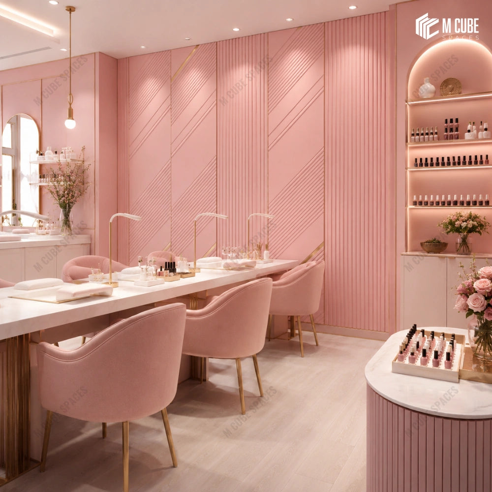 Chic beauty studio with matteo diagonal fluted wall panels and soft sculptural interiors - Commercial interior inspiration