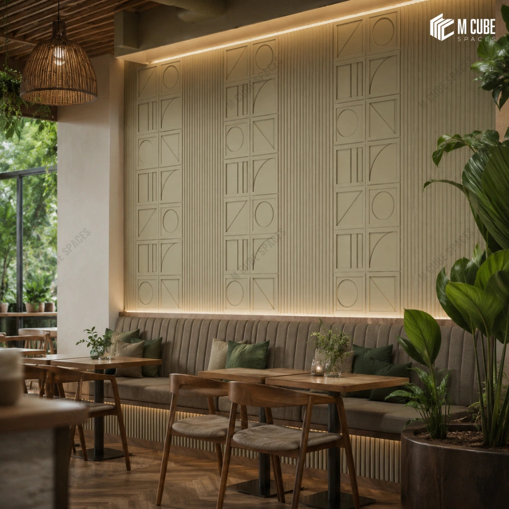 Biophilic café with matteo geometric wall panels, vertical fluting and layered greenery - Commercial interior inspiration