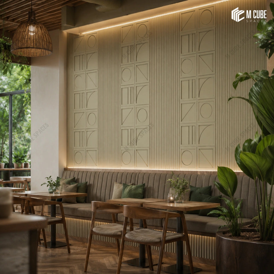 Biophilic Café with Matteo Geometric Wall Panels, Vertical Fluting and Layered Greenery - Commercial inspiration