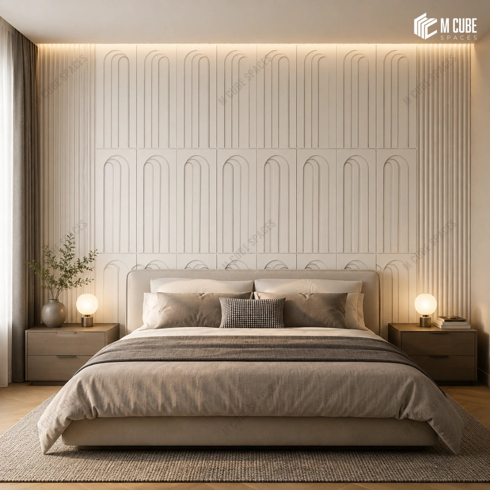 Calm luxury bedroom with matteo arched wall panels, layered neutral textures and soft ambient lighting - Bedroom interior inspiration