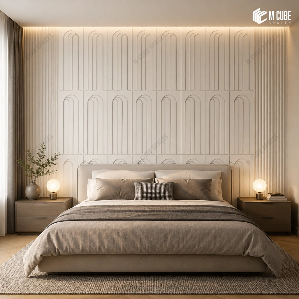 Calm Luxury Bedroom with Matteo Arched Wall Panels, Layered Neutral Textures and Soft Ambient Lighting - Bedroom inspiration