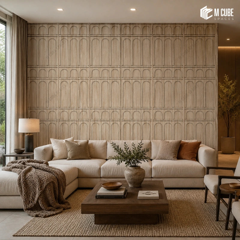 Contemporary Beige Wood Finish Decorative Panels for Indian Luxury Residential Interiors