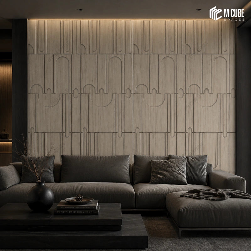 Modern Beige Wood Finish Panels for Designer TV and Sofa Backdrop Designs