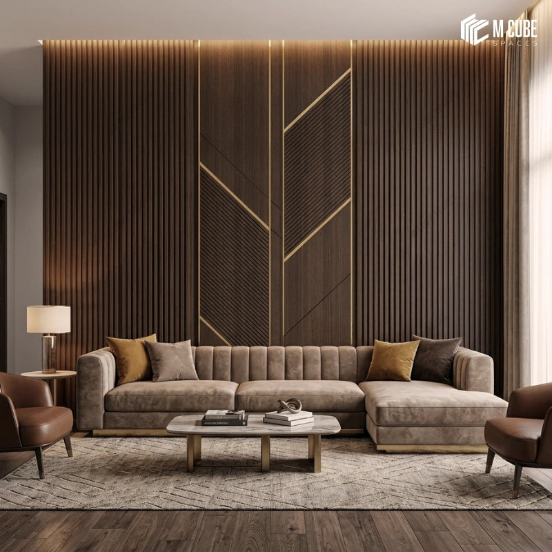 Contemporary Wood Finish Wall Panels with Metallic Inlay for Luxury Interiors