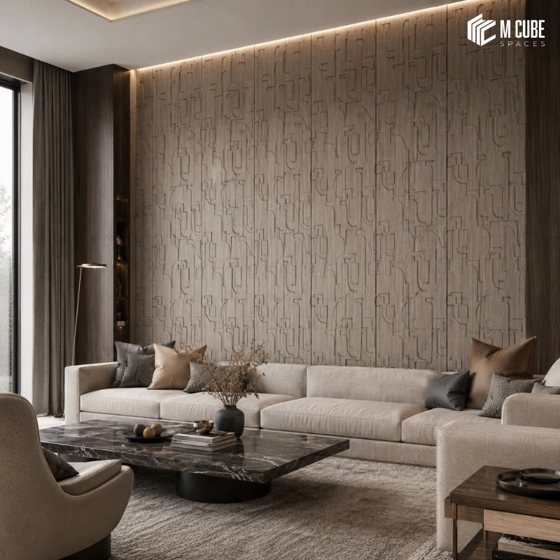 Beige Wood Finish Wall Panels for Contemporary Living Room Sofa Backdrop