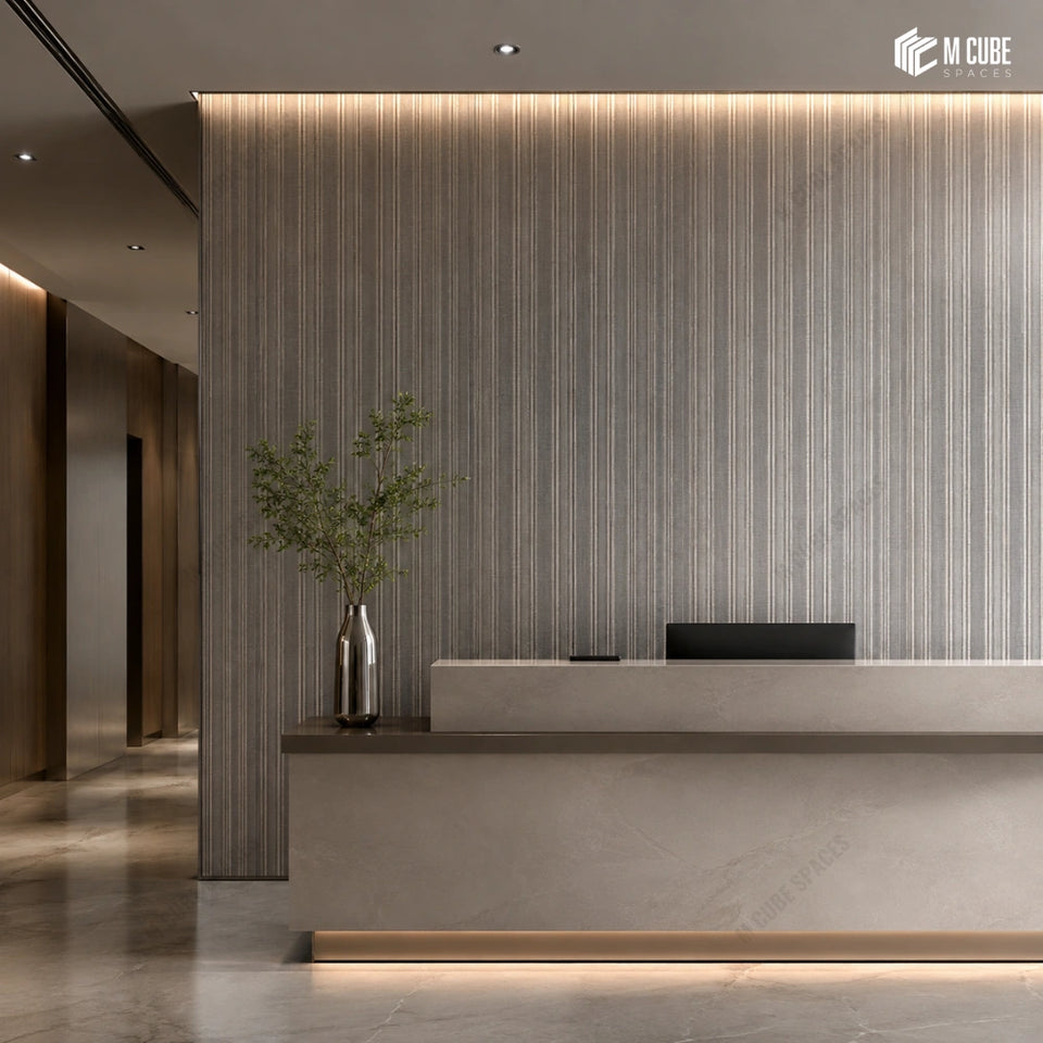 Contemporary Commercial Reception Interior with Vertical Metallic Accent Wall, Premium Corian Desk and Quiet Luxury Aesthetic - Commercial inspiration