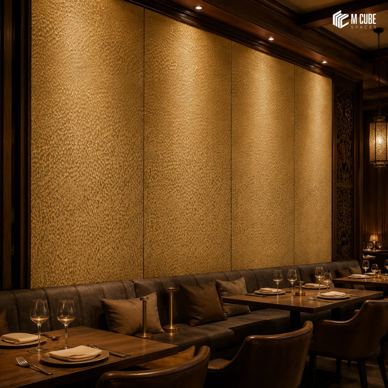 Art Deco Inspired Fine-Dining Interior with Champagne Gold Textured Laminates, Walnut Woodwork and Elegant Evening Ambience