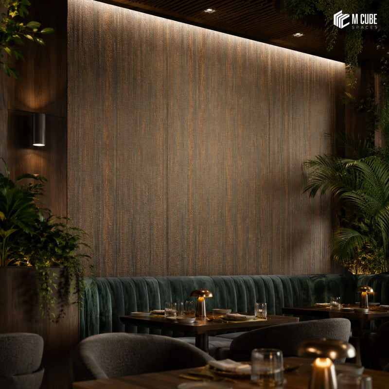 Biophilic Fine-Dining Restaurant with MetArt Textured Laminate Feature Wall, Indoor Tropical Greenery and Deep Green Velvet Banquette Seating