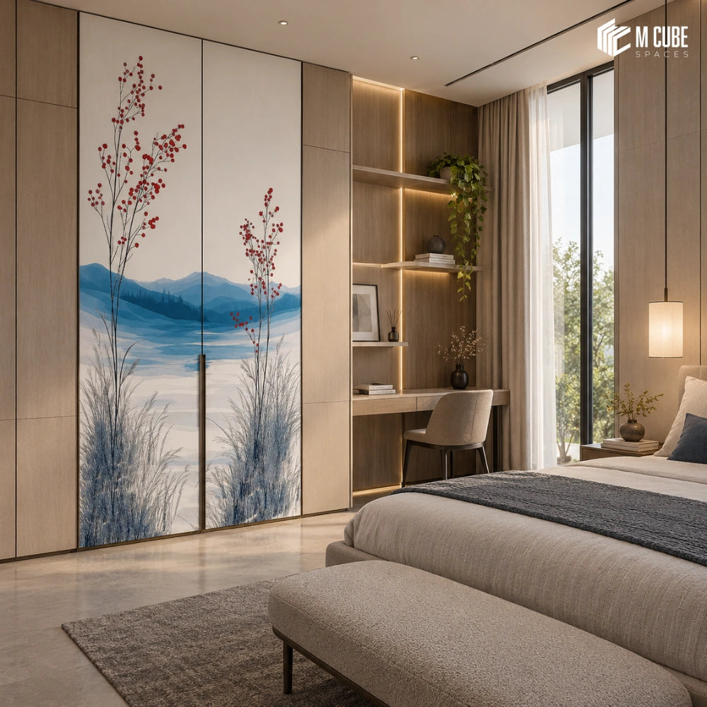Blue mountain & red berry digital laminate wardrobe for a contemporary bedroom - Bedroom interior inspiration