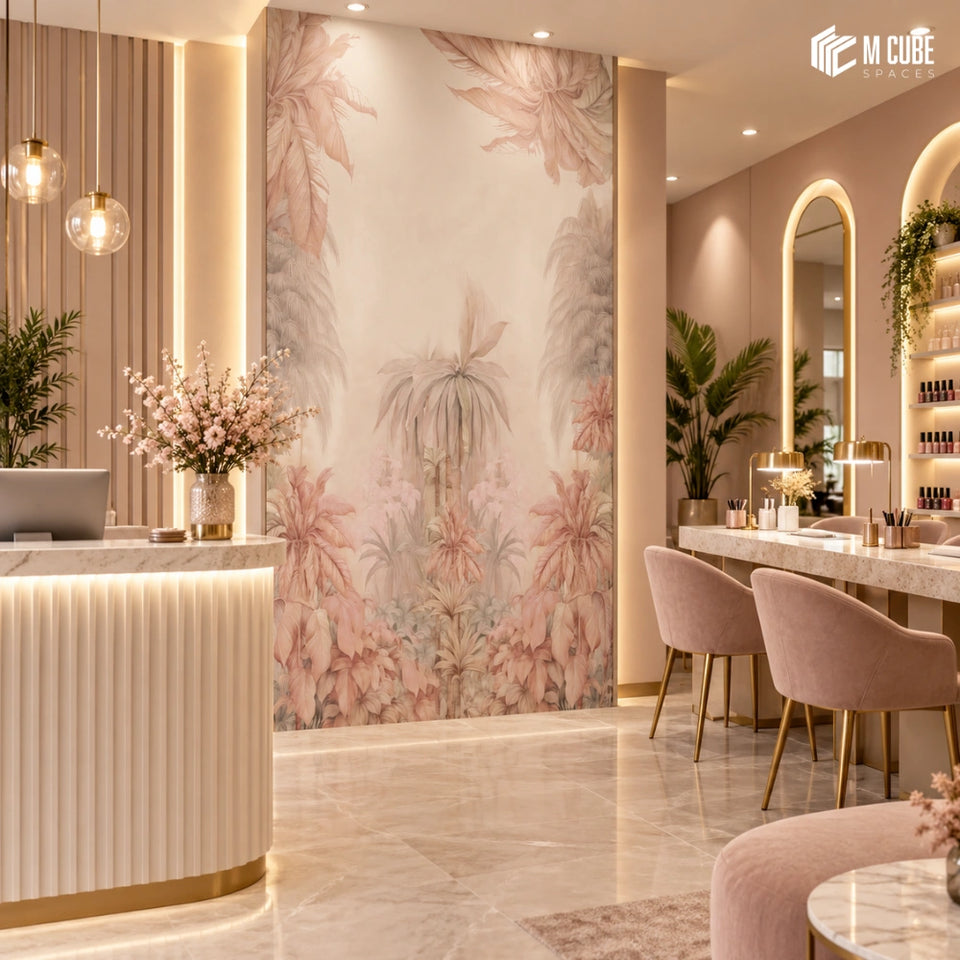 Blush Tropical Botanical Digital Laminate Statement Wall for an Elegant Nail Salon - Commercial inspiration