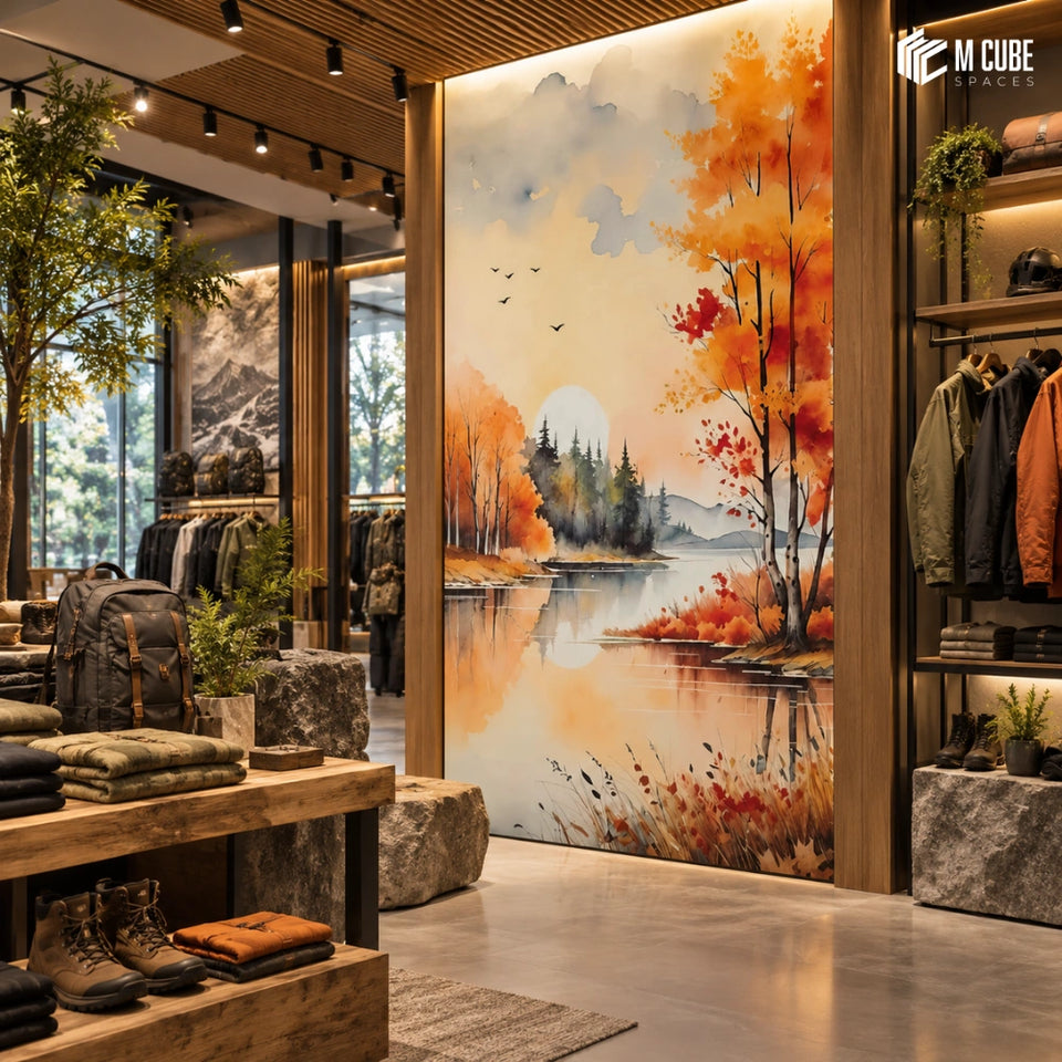 Autumn Lakeside Digital Laminate Statement Wall for an Adventure Lifestyle Store - Commercial inspiration