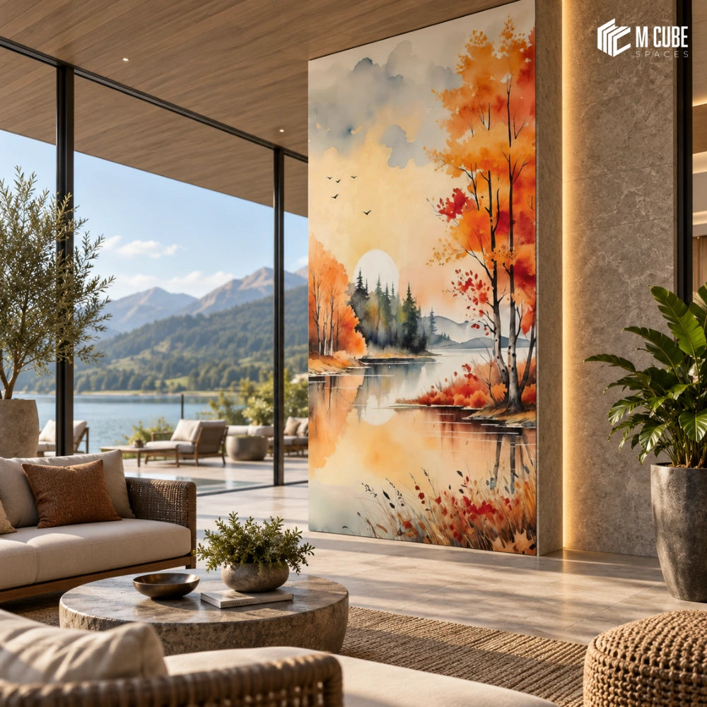 Autumn landscape digital laminate feature wall for a lakefront resort lounge - Commercial interior inspiration
