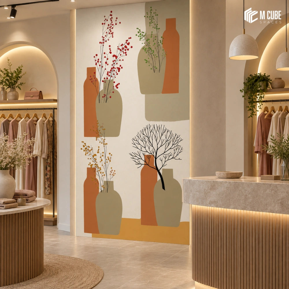 Abstract botanical vase digital laminate statement wall for an earthy fashion boutique - Commercial interior inspiration