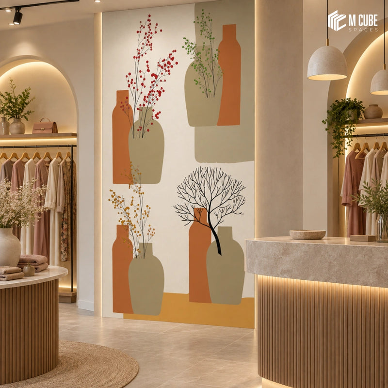 Abstract Botanical Vase Digital Laminate Statement Wall for an Earthy Fashion Boutique
