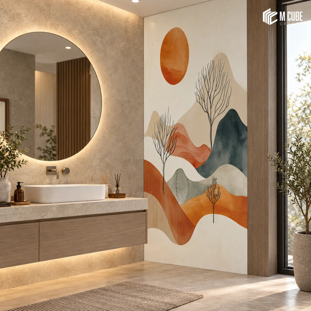 Abstract landscape digital laminate accent wall for a modern bathroom - Bathroom interior inspiration