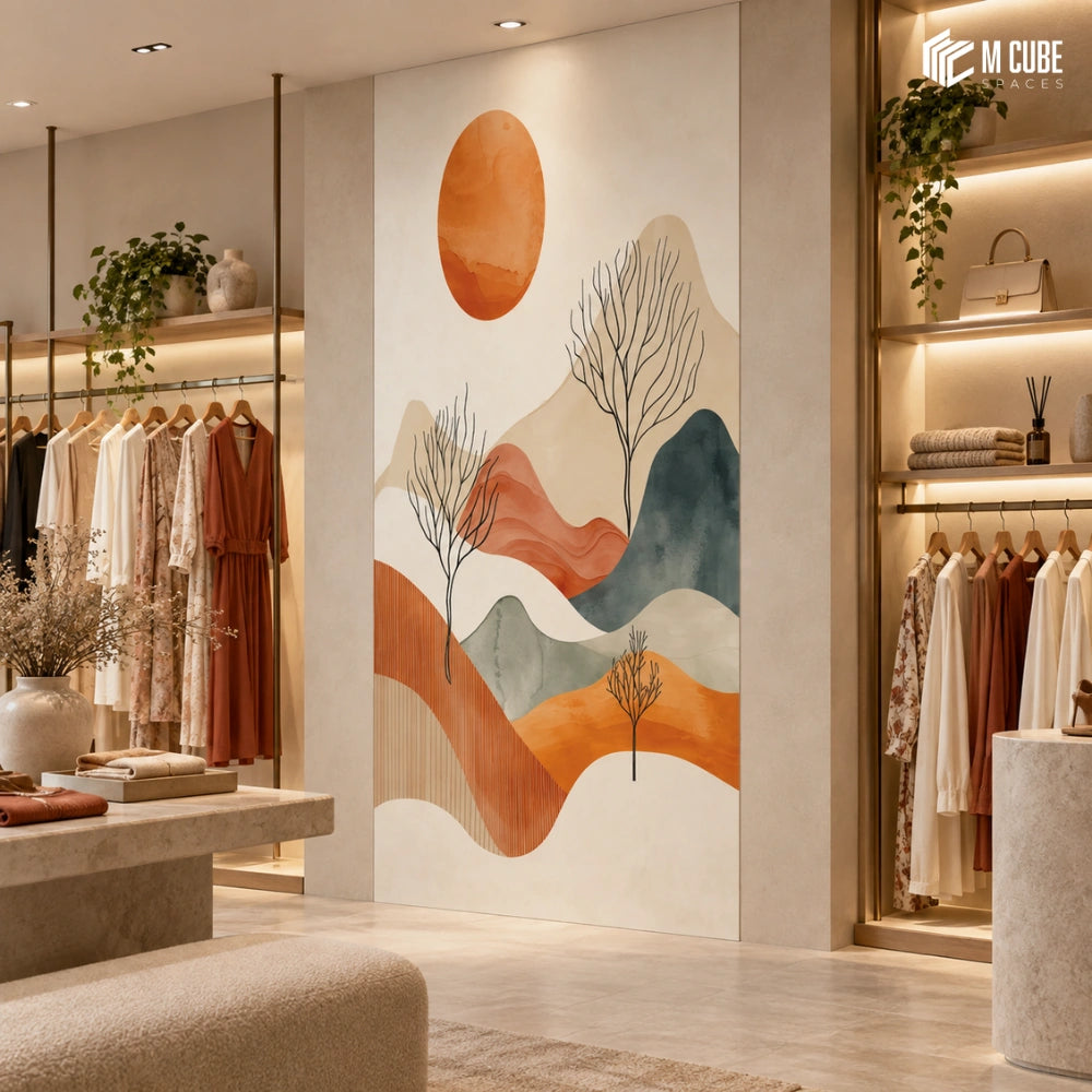 Abstract landscape digital laminate statement wall for an earth toned fashion boutique - Commercial interior inspiration