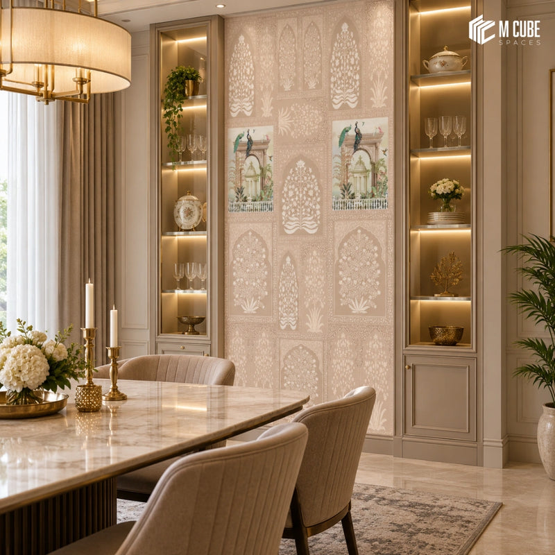 Blush Mughal Garden Digital Laminate Feature Wall for an Elegant Dining Room