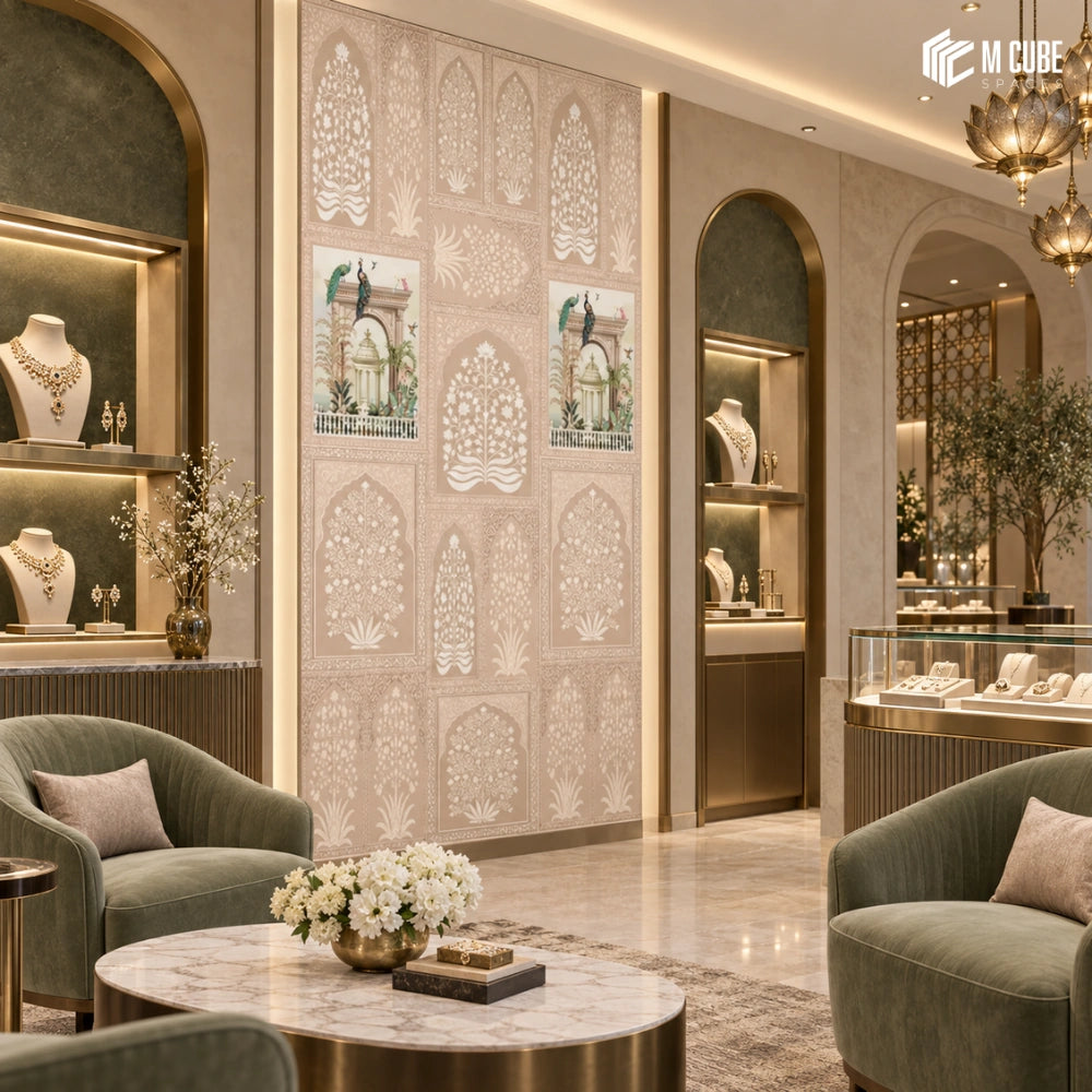 Blush mughal botanical digital laminate statement wall for a luxury jewellery boutique - Commercial interior inspiration