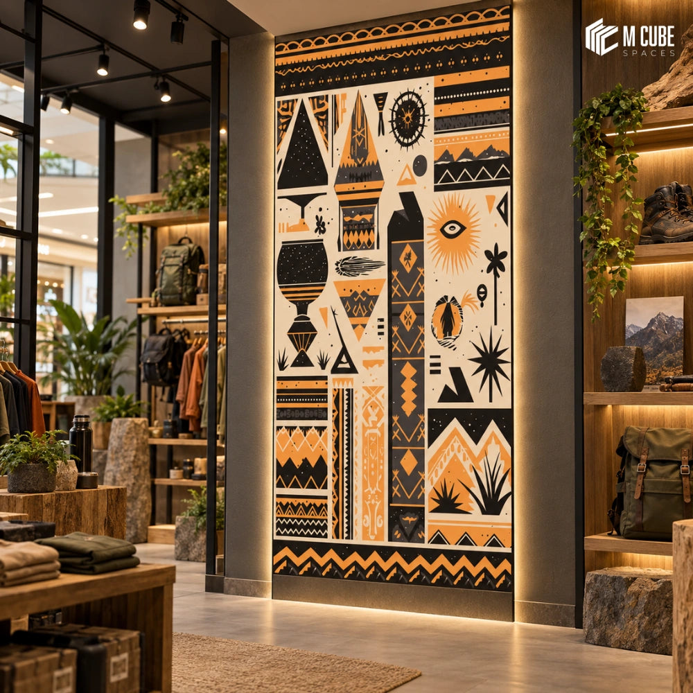 Bold tribal geometric digital laminate feature wall for an outdoor lifestyle store - Commercial interior inspiration
