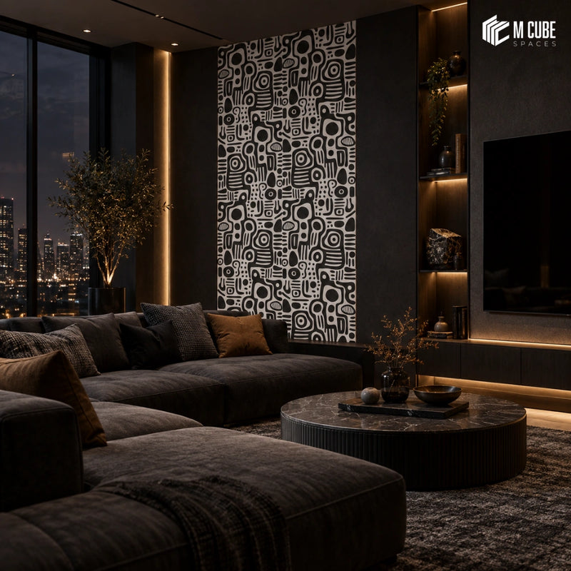 Abstract Monochrome Digital Laminate Statement Wall for Moody Luxury Living Room