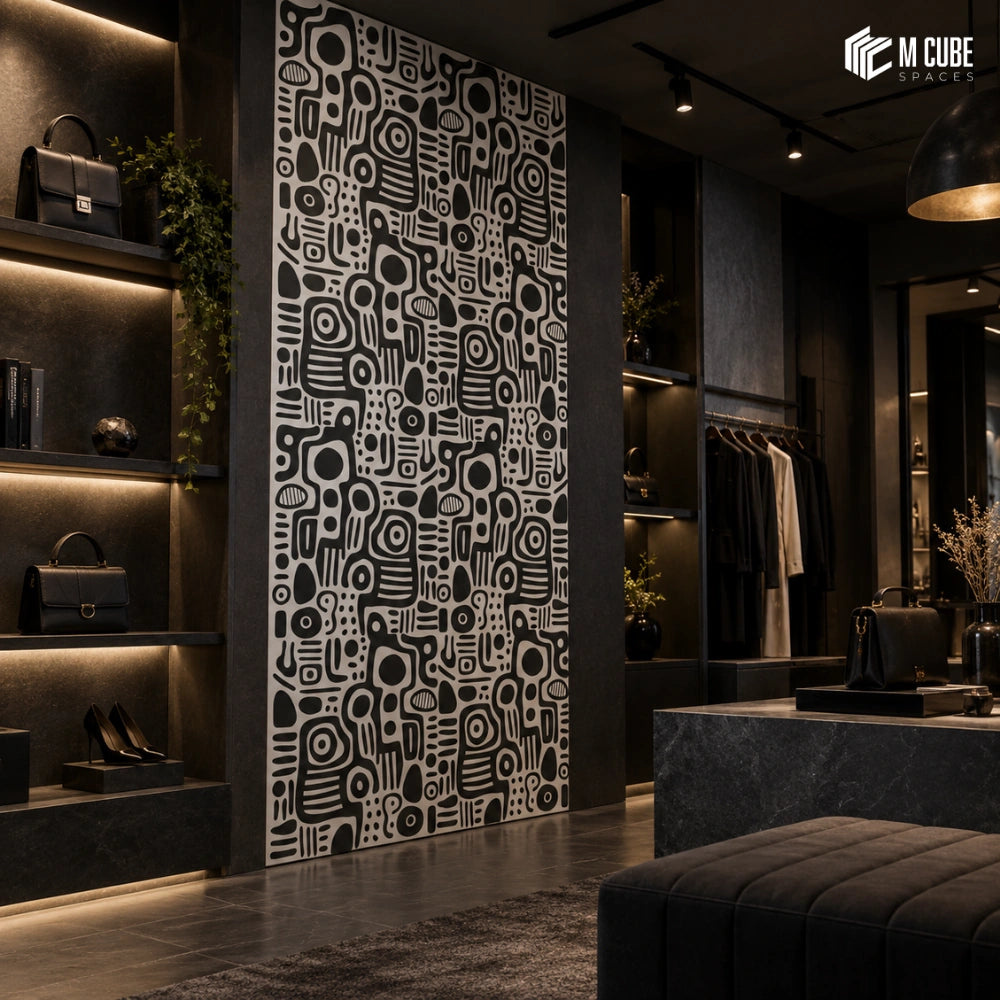 Abstract monochrome digital laminate feature wall for luxury fashion boutique - Commercial interior inspiration