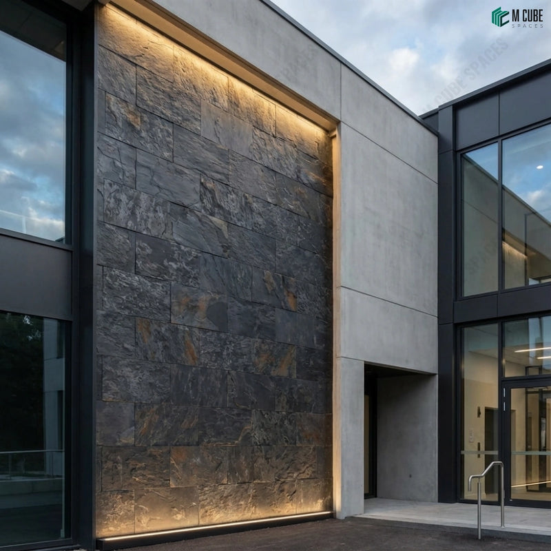 Exterior Facade Highlight Using Molten Lava Marble Stone Veneer