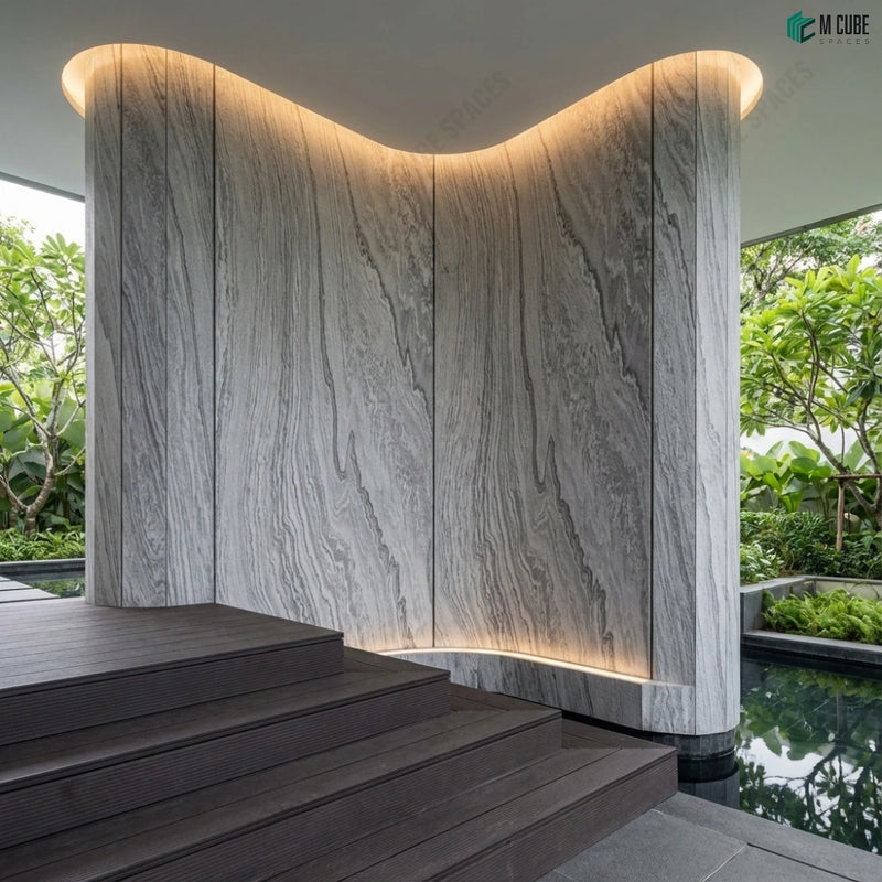 Curved Architectural Wall with Mountain Dream Marble Stone Veneer