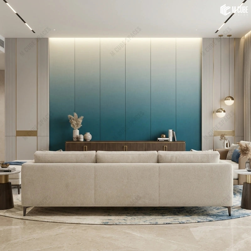 Blue Ombre Laminate used as TV Unit Wall in a Modern Living Room