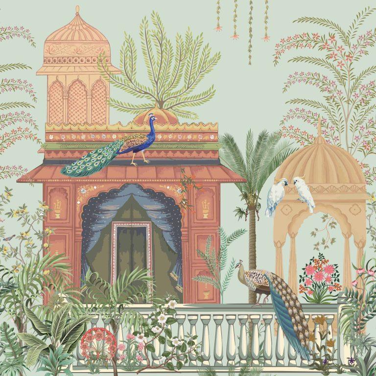 Pavilion of Peacocks Architecture wallpaper for living room & foyer interiors | MWA-LWZ-299