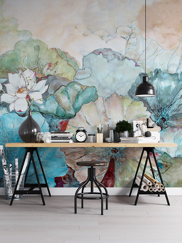 Watercolor Lotus Dream Botanical wallpaper design view 2 | MWA-LWZ-284