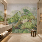 Serene Lotus Pond Greens Botanical wallpaper design view 2 | MWA-LWZ-283