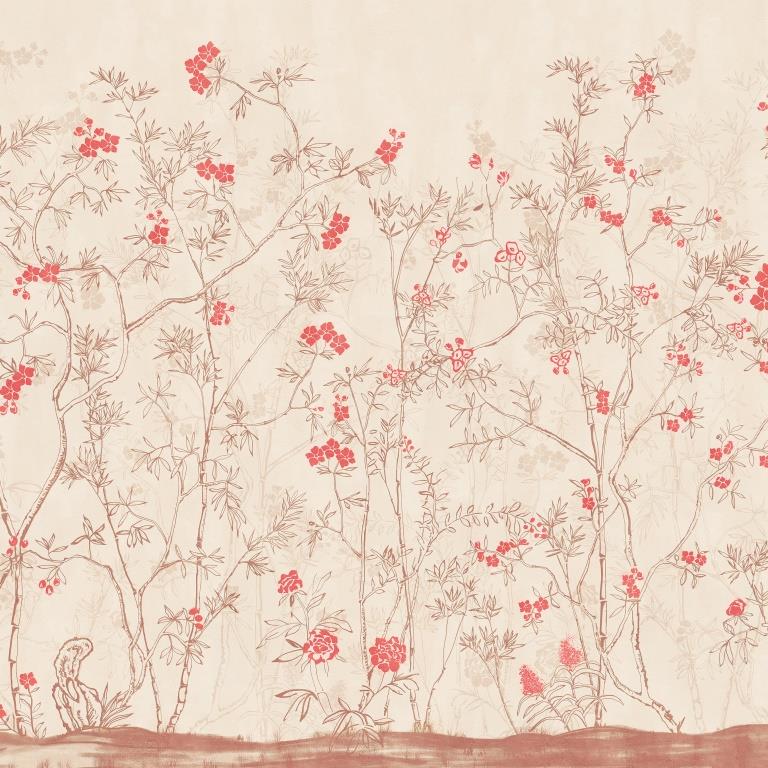 Rustic Red Blossom Forest Botanical wallpaper for living room & dining room interiors | MWA-LWZ-279