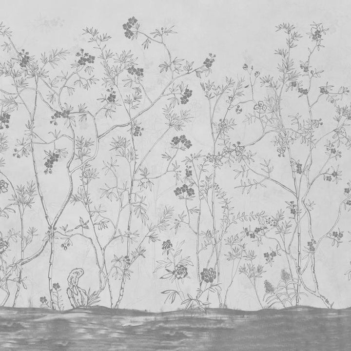 Monochrome Chinoiserie Forest Botanical wallpaper for dining room & bedroom interiors | MWA-LWZ-278