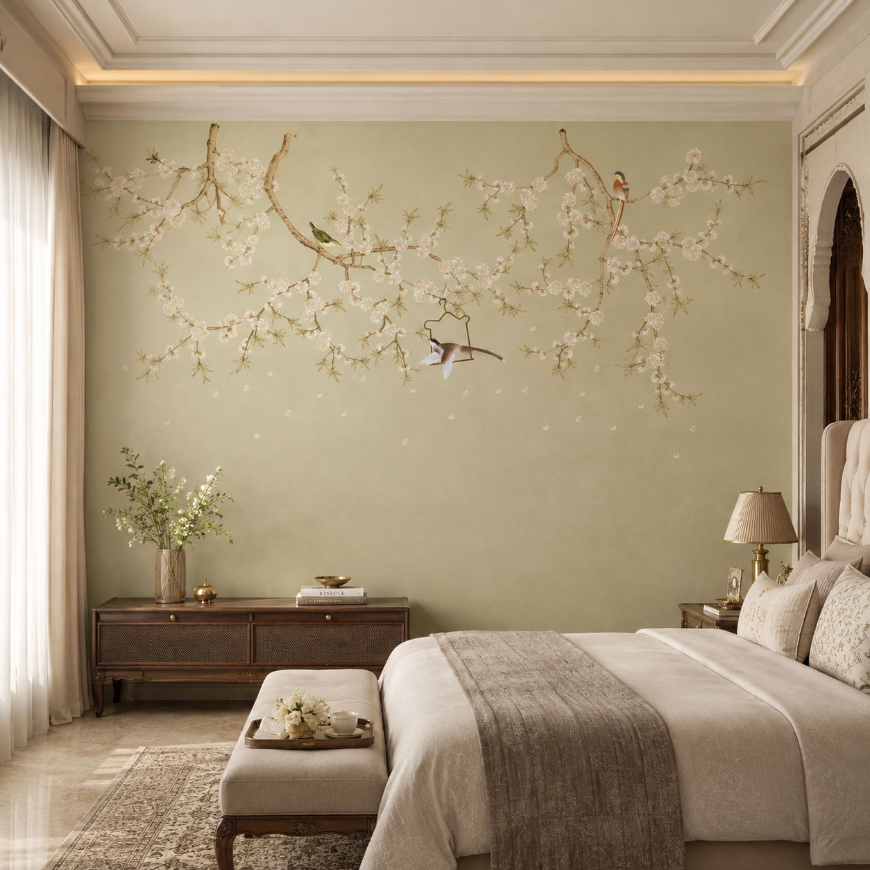 Cherry Blossom Birds Botanical wallpaper design view 2 | MWA-LWZ-275