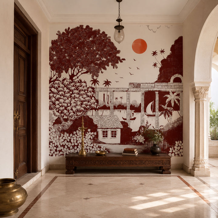 Ancient Lakeside Dwelling Architecture wallpaper design view 2 | MWA-LWZ-272