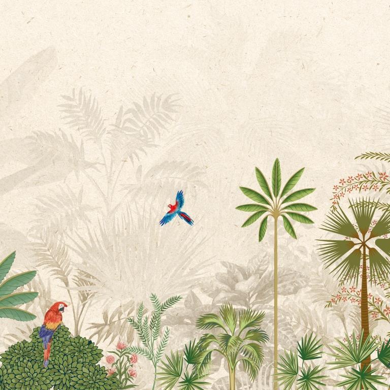 Palm Silhouette Parrots Botanical wallpaper for living room & resort interiors | MWA-LWZ-271
