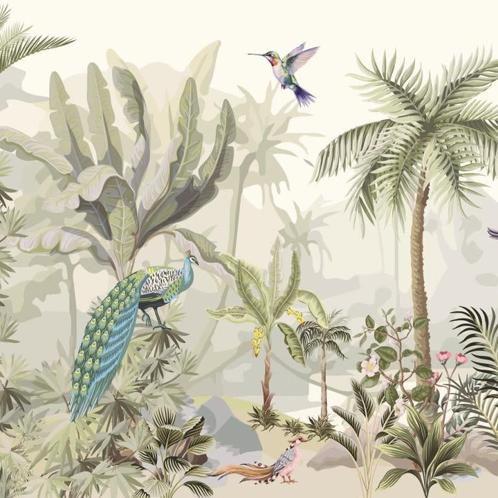 Tropical Peacock Garden Botanical wallpaper for living room & resort interiors | MWA-LWZ-268