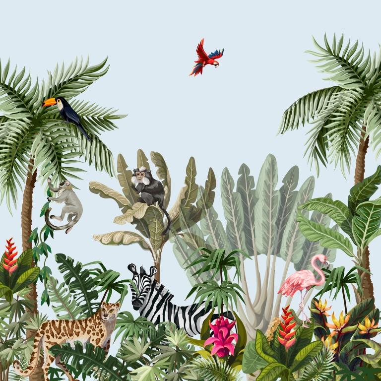 Exotic Wildlife Safari Botanical wallpaper for living room & resort interiors | MWA-LWZ-263
