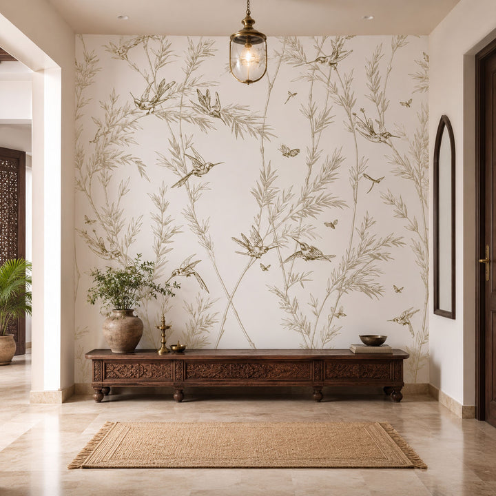 Bamboo & Hummingbirds Botanical wallpaper design view 2 | MWA-LWZ-257