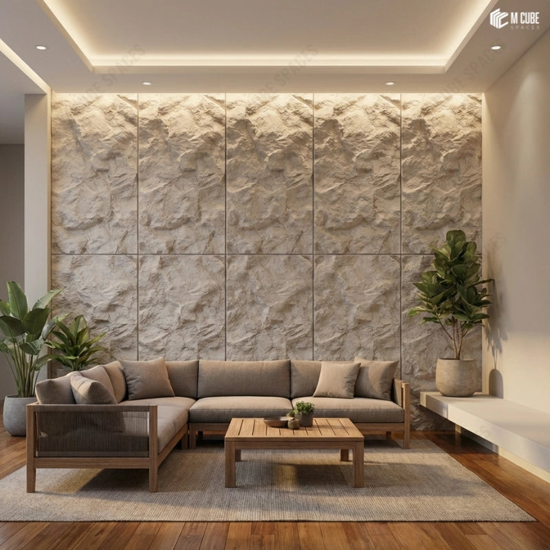 Living Area with Minimalistic Furniture and Feature Wall done with PU Rock