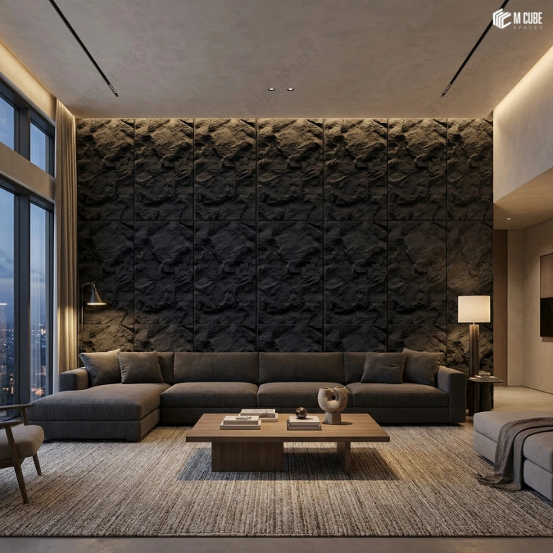 Moody Luxury Living Room Featuring PU Rock Accent Wall