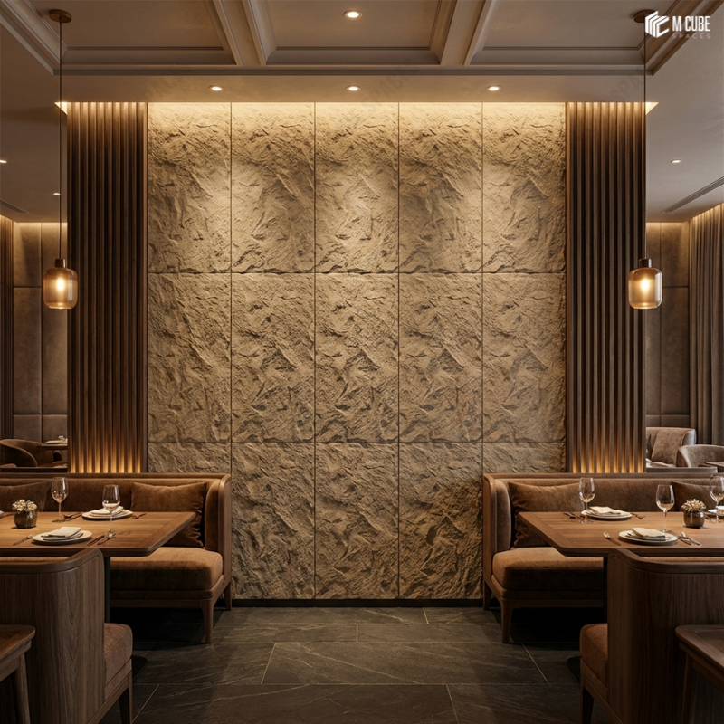Contemporary Restaurant Feature Wall designed using PU Rock and Wood Louvers