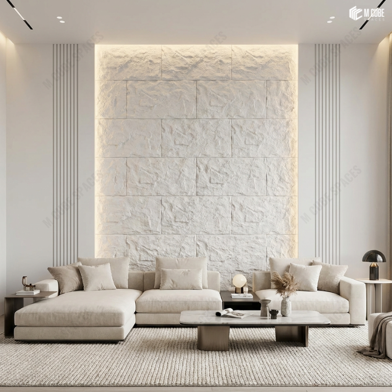 Modern Lounge with White PU Rock Accented Wall