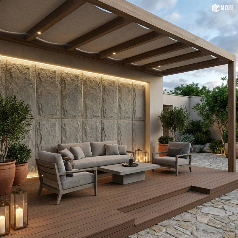 Outdoor Covered Patio with Wall featuring PU Rock