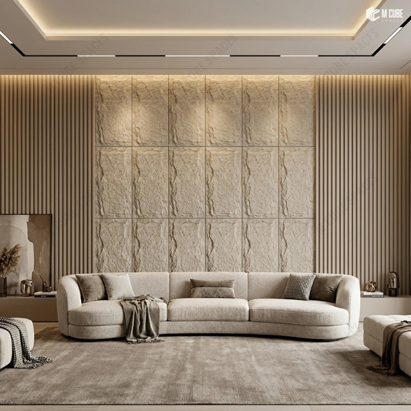 Calm Contemporary Living Room with Sofa Back wall using PU Rock and Wooden Louvers